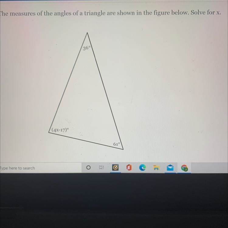 The measures of the angles of a triangle are shown in the figure below. Solve for-example-1