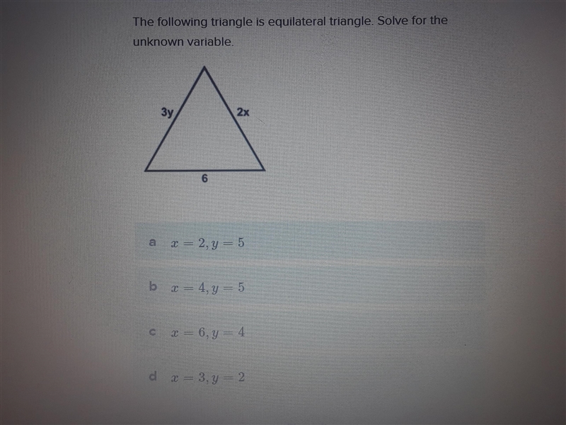 The following triangle is equilaterial triangle. Solve for the unknown variable.-example-1