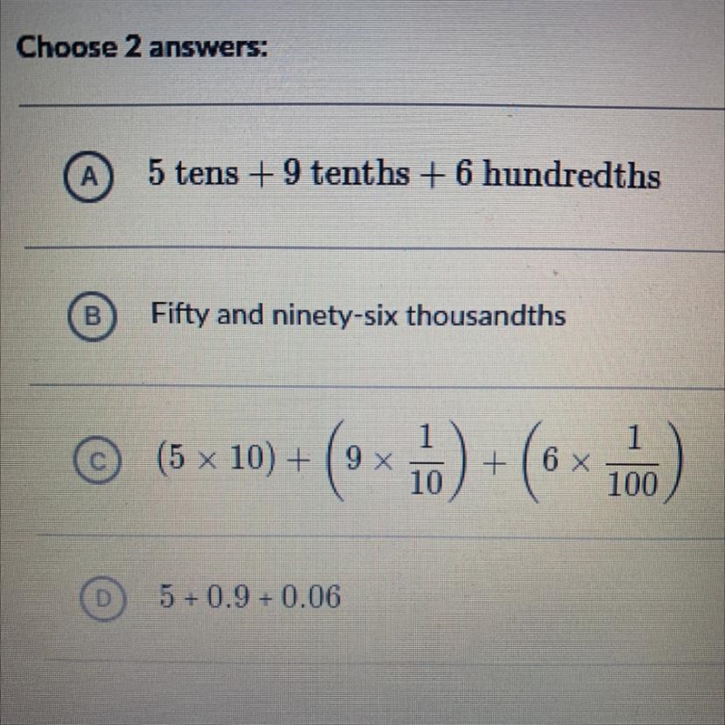 Which two of the following have the same value as 50.96? Choose 2 answers:-example-1