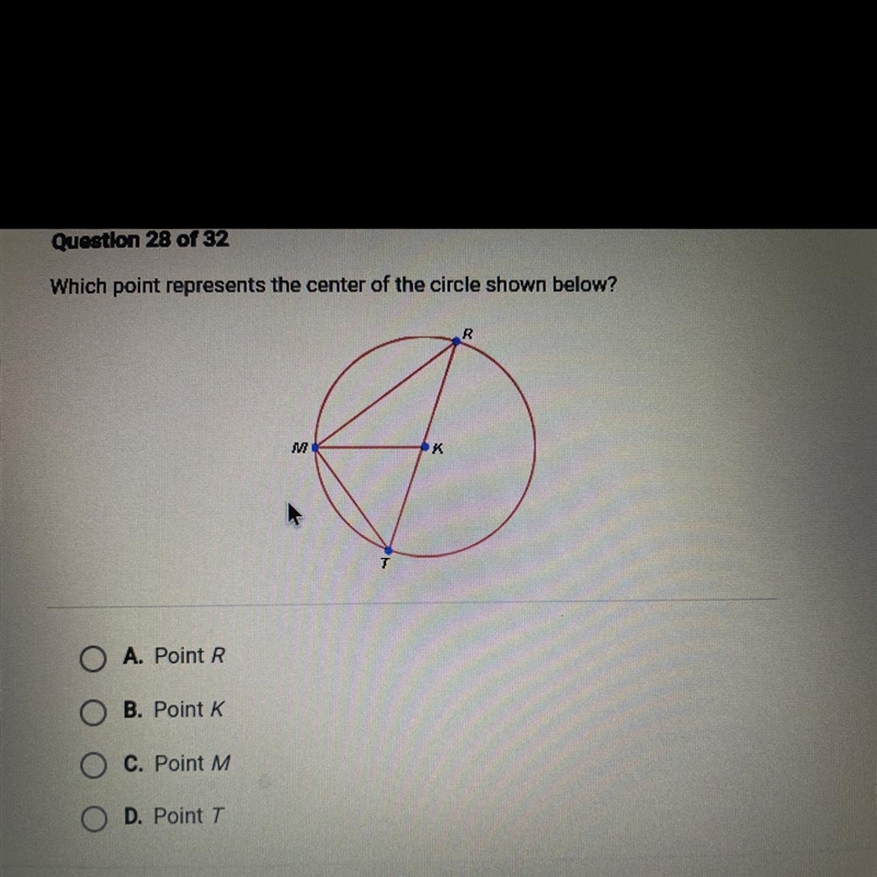 Which point represents the center of the circle shown below? X T-example-1