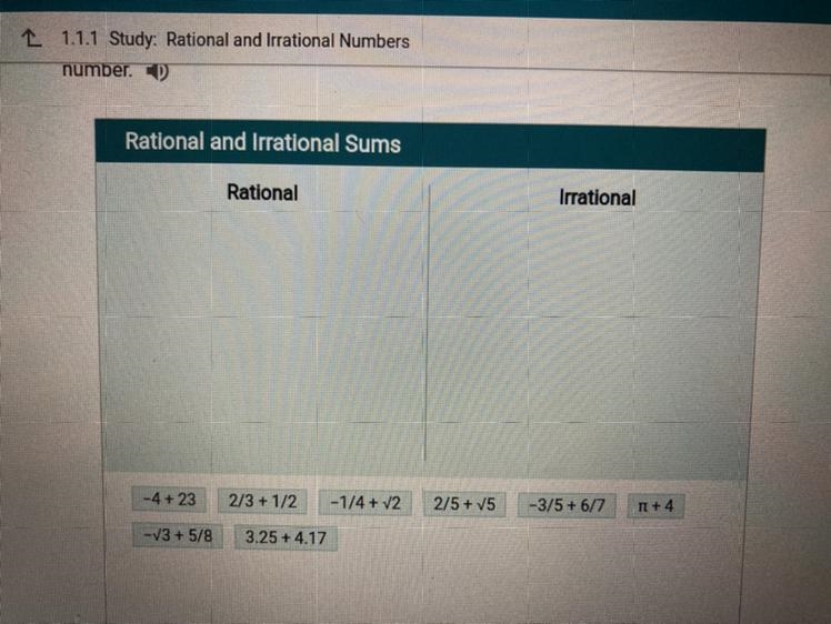 Rational and Irrational Sums Rational Irrational -4 +23 2/3 + 1/2 -1/4 + 12 2/5 + 15 -3/5 + 6/7 TL-example-1