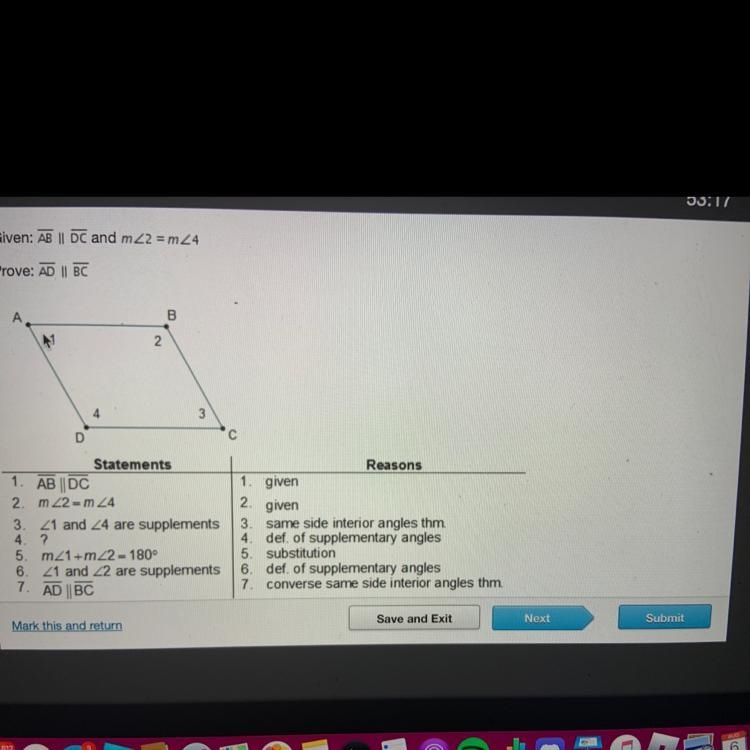 A: m_1 = m_4 B: m_2 = m_3 C: m_1 + m_4 = 180° D: m_2 + m23 = 180°-example-1