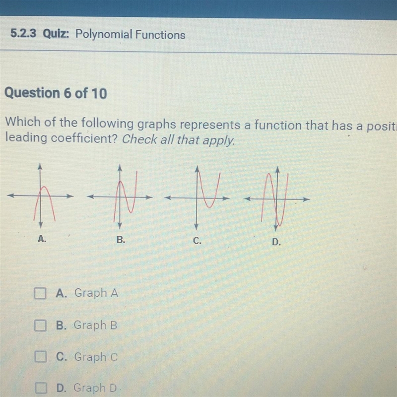 Which of the following graphs represents a function that has a positive leading coefficient-example-1