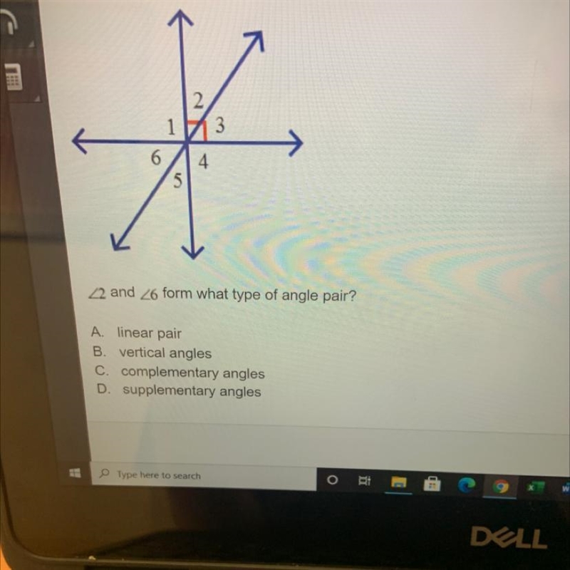 1 3 4 6 5 22 and Z6 form what type of angle pair? A. linear pair B. vertical angles-example-1