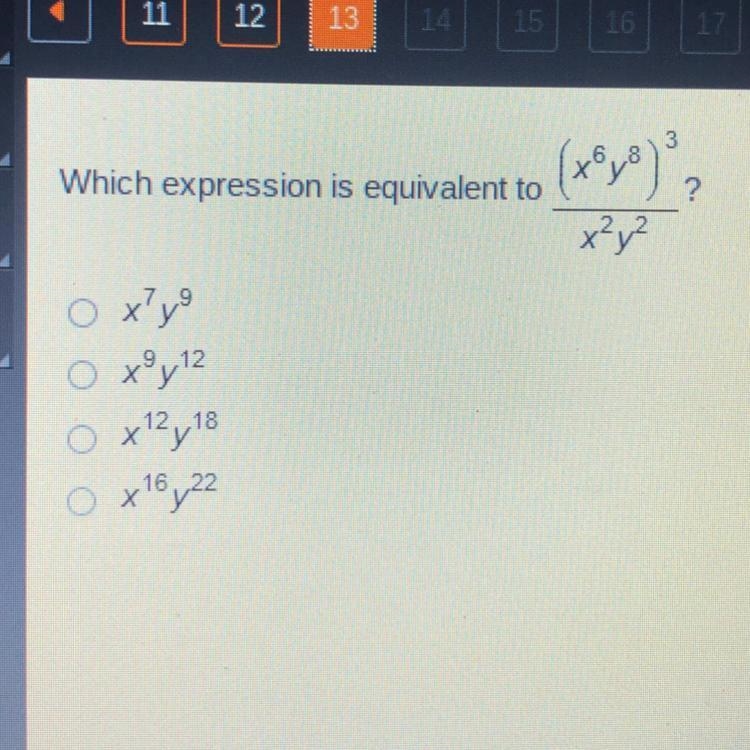 Which expression is equivalent to (x6 y8)3 / x2 y2 ?-example-1