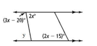 Find the value of x and y and each labeled angle.-example-1