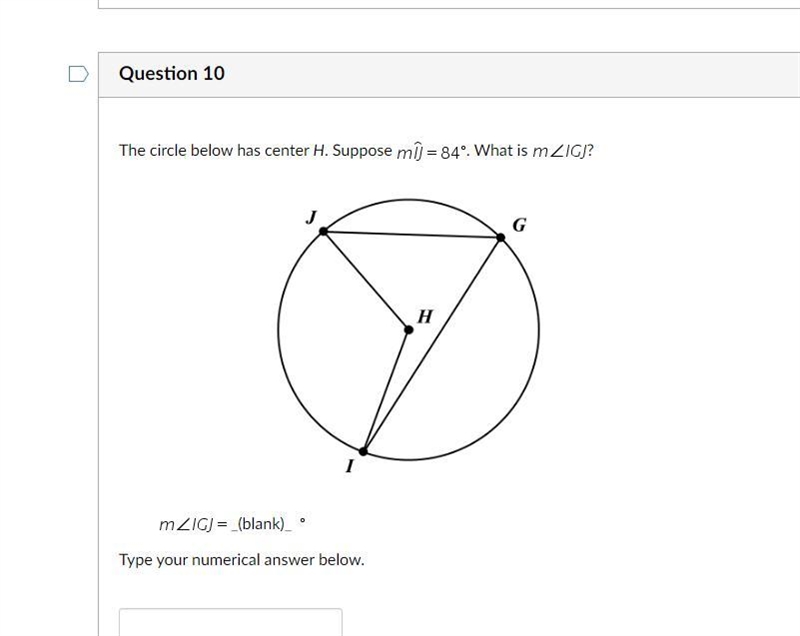 The circle below has center H. suppose mIJ=84. What is mIGL-example-1