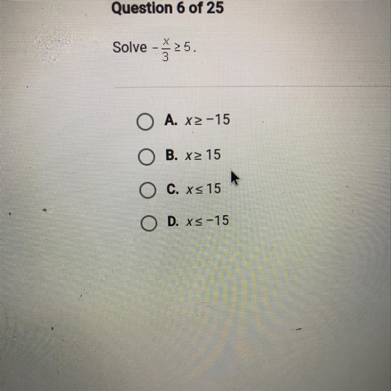 Solve -x/3>5 i don't know what to do-example-1