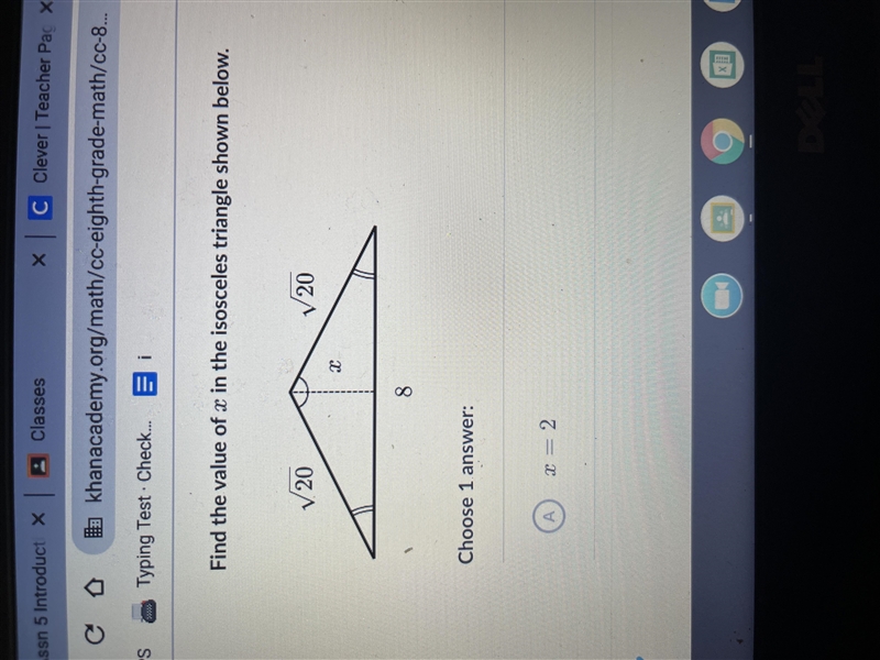 Find the value of x in the isosceles triangle 20 20 8-example-1