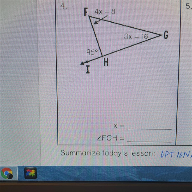 Write and Solve an equation to find the value of x and a missing angle in the triangle-example-1