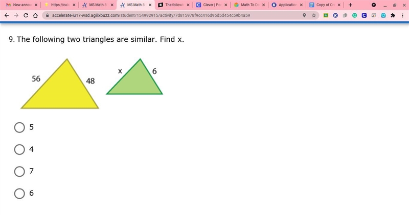 The following two triangles are similar. Find x.-example-1