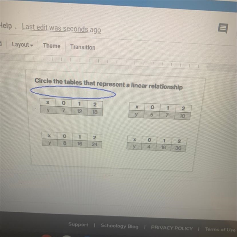 Circle the table the represents a linear relationship.-example-1