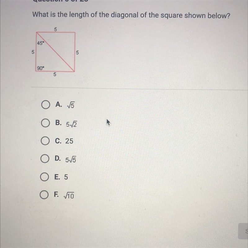 What is the length of the diagonal of the square shown below?-example-1