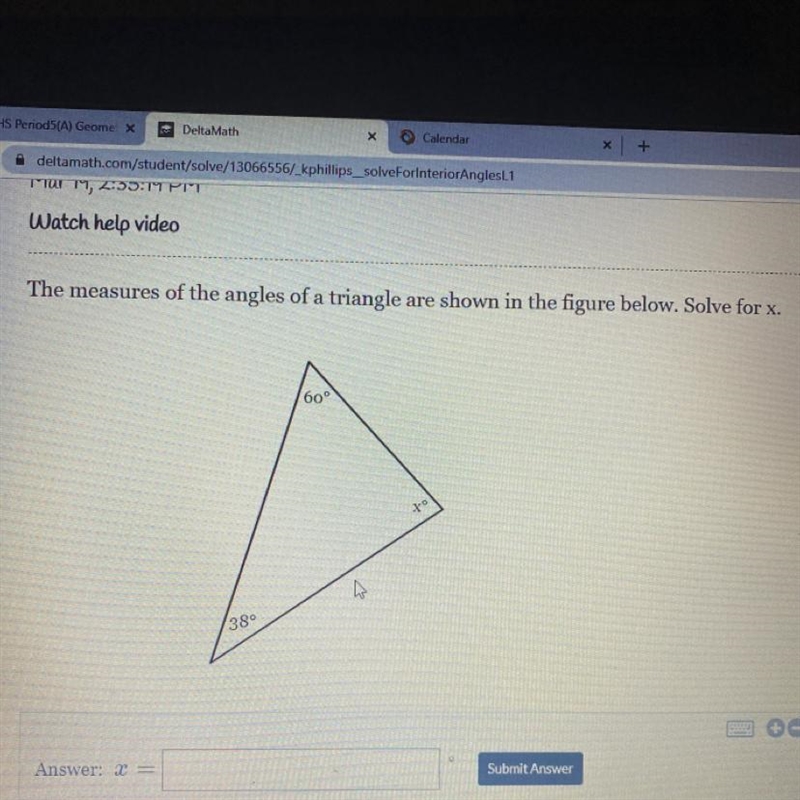 The measures of the angles of a triangle are shown in the figure below. Solve for-example-1