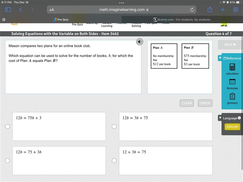 Mason compares two plans for an online book club. Which equation can be used to solve-example-1