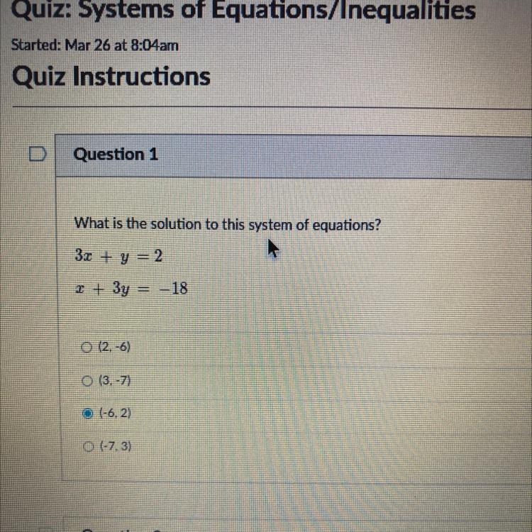 S What is the solution to this system of equations? 3x + y = 2 2 + 3y - --18 re O-example-1