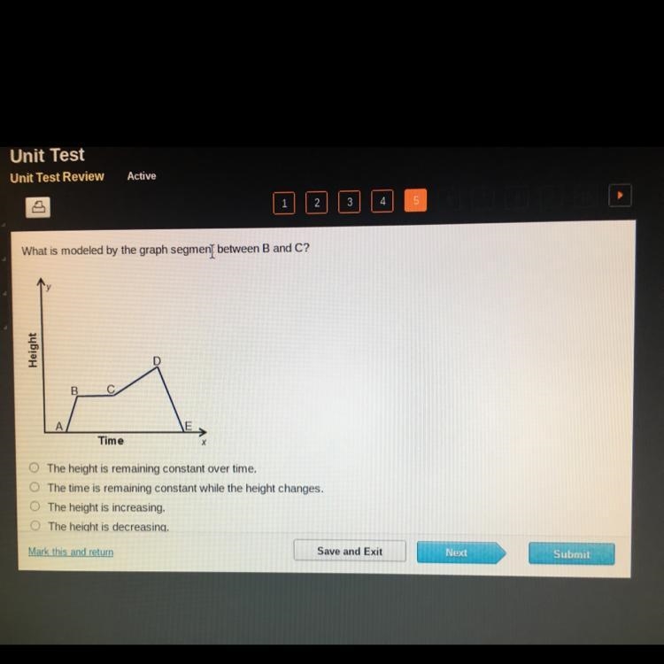 What is modeled by the graph segmenſ between B and C? CE Height B C Time The height-example-1