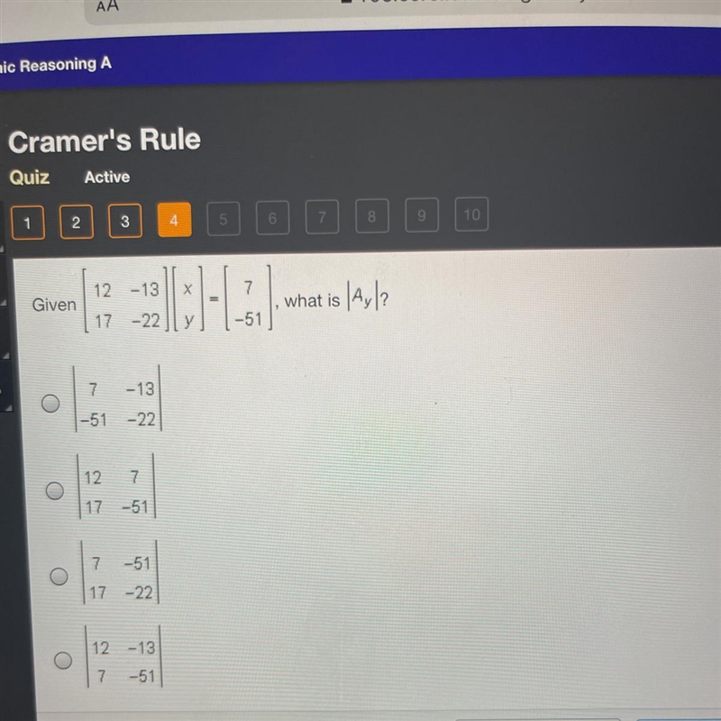 Given 12-13 17 -22 what is 3 (Ay/2 7 -18) -51-22 12 7 o 17 -51 7 -51 O 17 -22 o 12-13 7 -51 Mark-example-1