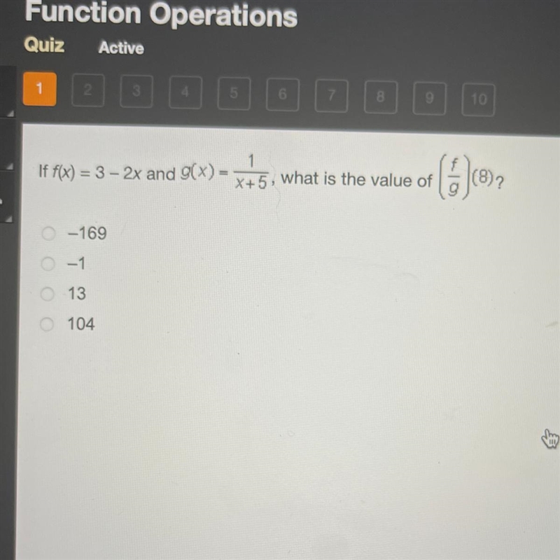 If f(x)=3-2x and g(x)= 1-x+5, what is the value of (f/g) (8)?-example-1