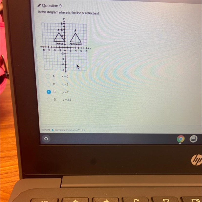 In this diagram where is the line of reflection? A x=0 B x=1 C y=2 D y = 3.5-example-1