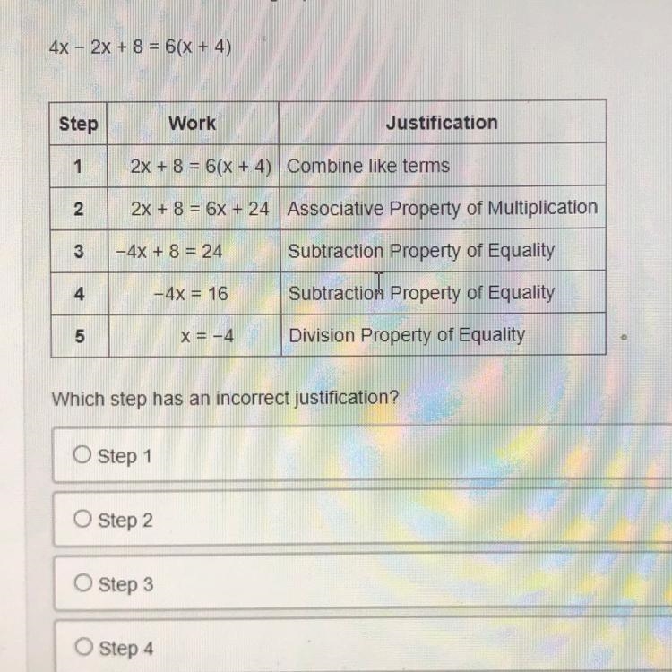 Keisha solved the following equation: 4c - 2x + 8 = 6(x + 4) Which step has an incorrect-example-1