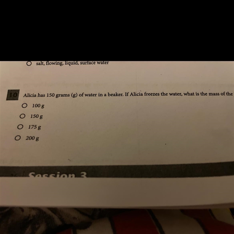 Alicia has 150 grams of water in a breaker. If Alcia freezez the water what id the-example-1