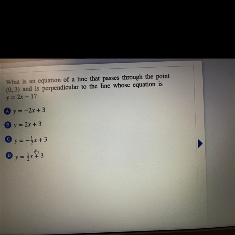 What is an equation of a line that passes through the point (0,3) and is perpendicular-example-1