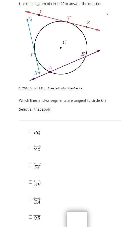 Use the diagram of circle C to answer the question. Circle C is drawn. Segment Q R-example-1