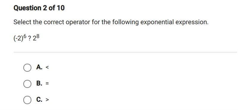 HELP PLEASE!!!!!! 10 POINTS!! Select the correct operator for the following exponential-example-1