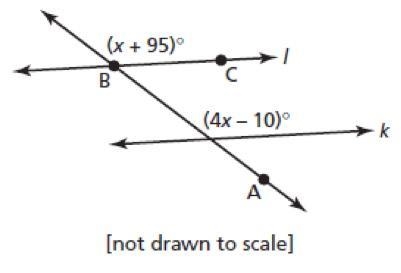 Please help! In the diagram below, lines l and k are parallel. What is the measure-example-1