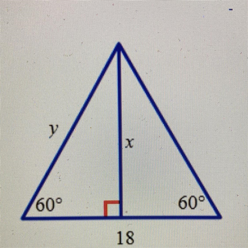 Find the value of X and the value of Y. A) x=9, y=18 square root 2 B) x=18, y=18 C-example-1