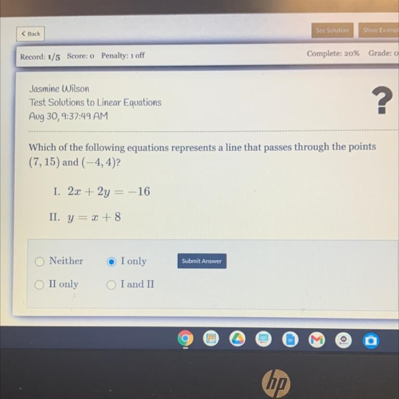 What equation represents the line that passes through the points (7,15) and (-4,4)?-example-1