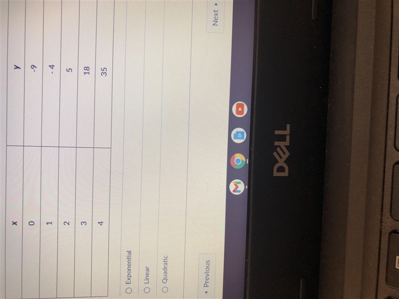 Determine if the table represents a linear function, quadratic function, or exponential-example-1