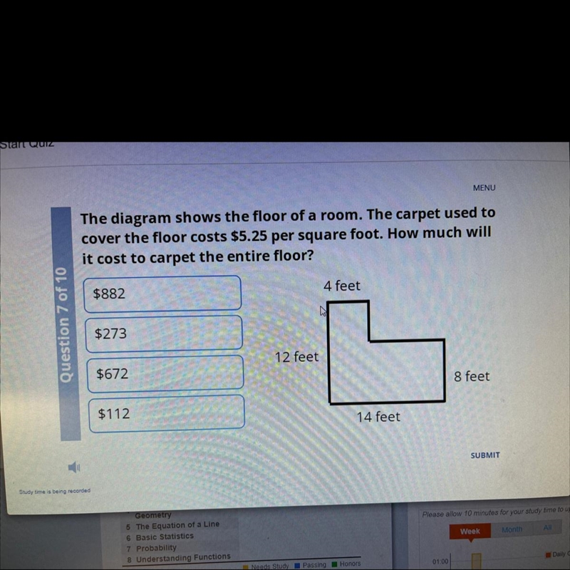 The diagram shows the floor of a room. The carpet used to cover the floor costs $5.25 per-example-1