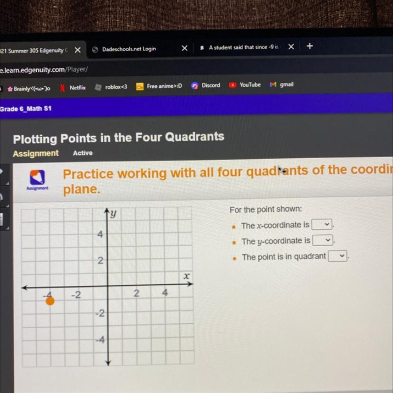 For the points shown: The x-coordinate is ____ The y-coordinate is____ The point is-example-1