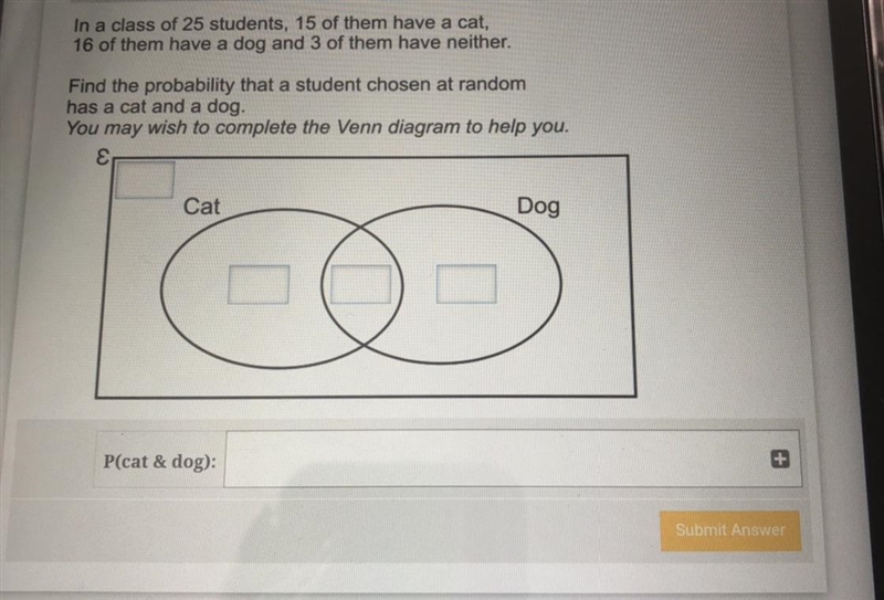 Help urgent In a class of 35 students 15 of them have cats 16 have dogs 3 hangs none-example-1