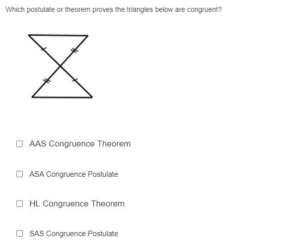 Which postulate or theorem proves the triangles below are congruent?-example-1