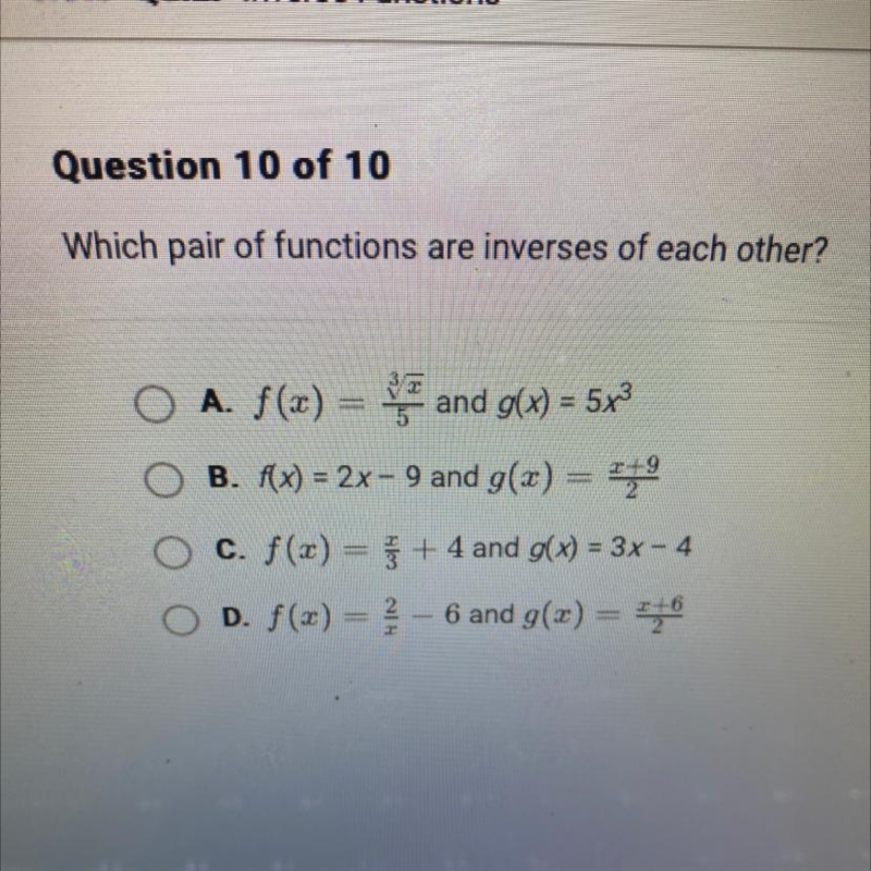 Which pair of functions are inverses of each other? Help help help!!!!!-example-1