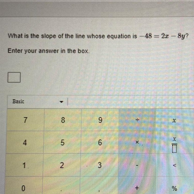 What is the slope of the line whose equation is -48 = 2x - 8y? Enter your answer in-example-1