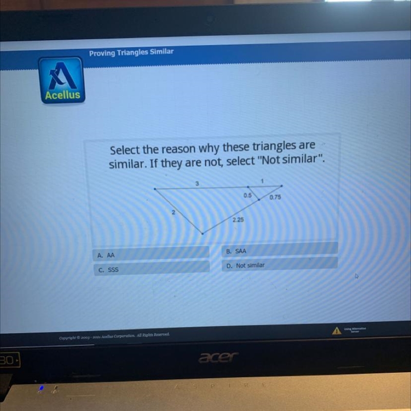 Select the reason why these triangles are not similar . If they are not select Not-example-1