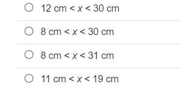 The lengths of two sides of a triangle are 11 cm and 19 cm. Identify the range of-example-1