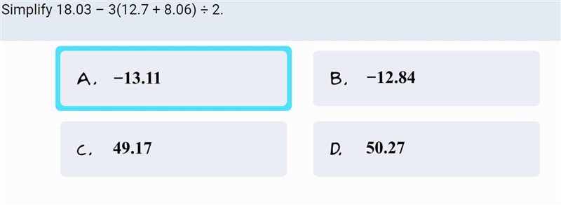 Simplify 18.03 – 3(12.7 + 8.06) ÷ 2.-example-1