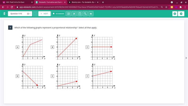 Which of the following graphs represent a proportional relationship? Select all that-example-1