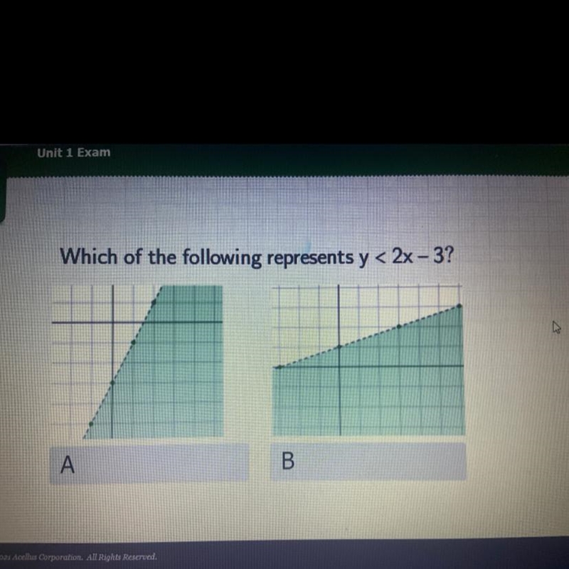 Which of the following represents y < 2x - 3? help a girl out please-example-1