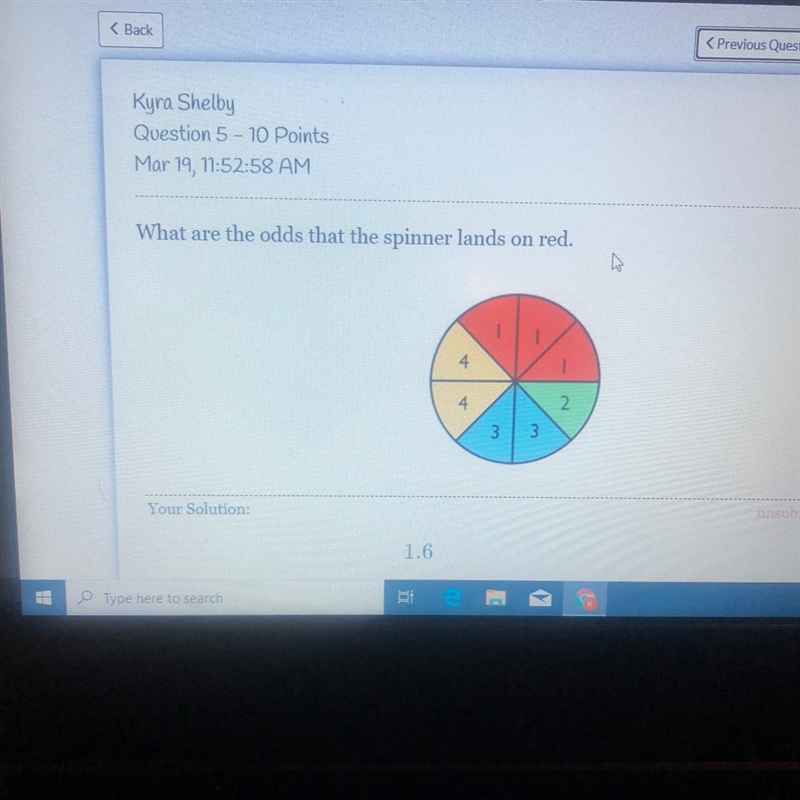 Mar 19, 17:52:58 AM What are the odds that the spinner lands on red.-example-1