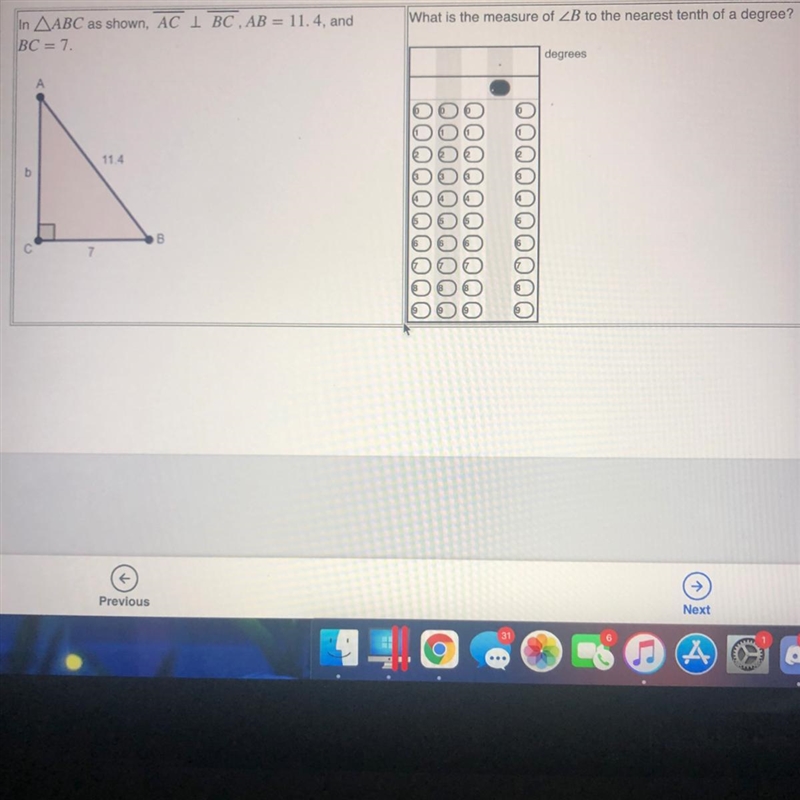 What is the measure of In ABC as shown, AC 1 BC , AB = 11.4, and BC = 7. degrees А-example-1