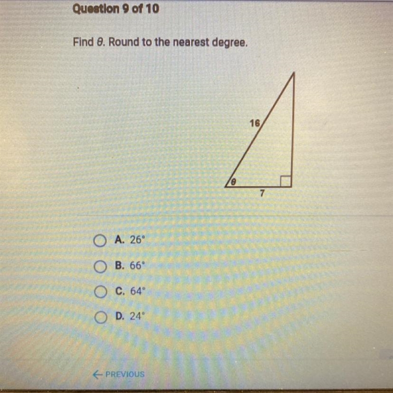 Find 0. Round to the nearest degree A. 26 B. 66 C. 64 D. 24-example-1