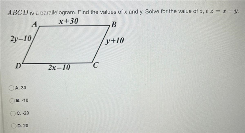 ABCD is a parallelogram. Find the values of x and y. Solve for the value of z, if-example-1