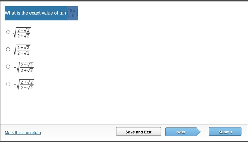 What is the exact value of tan (StartFraction 5 pi Over 8 EndFraction)-example-1