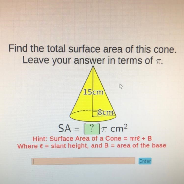 Find the total surface area of this cone. Leave your answer in terms of . 15 cm 8cm-example-1